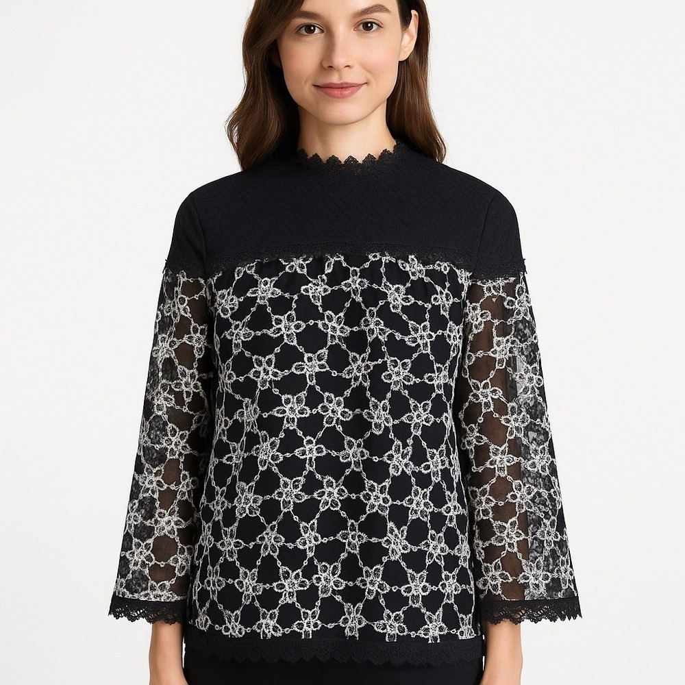 S. She Style Womens Floral Embroidered Black Lace Top Blouse Medium Lined Boho
